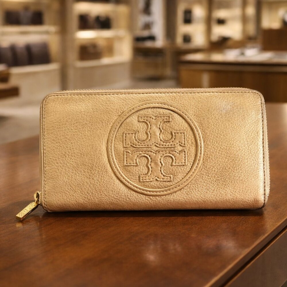 Tory Burch Continental Zip Metallic Gold Wallet